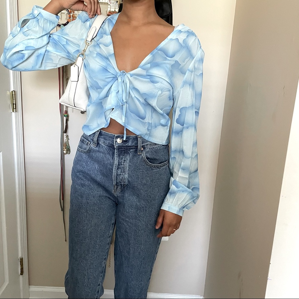 y2k blue front-tie blouse